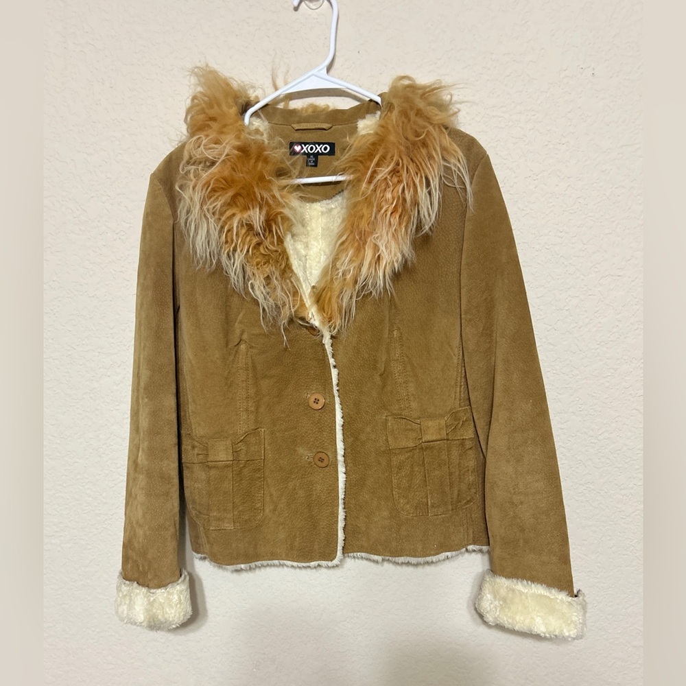 Vintage XOXO Leather Jacket Fur Collar Lined Women's Size XL Tan  Y2K 90s